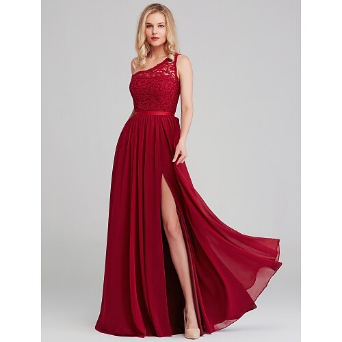 

Linea-A Vestito da damigella Monospalla Senza maniche Elegante Lungo Chiffon / Di pizzo con Fascia / fiocco in vita 2022