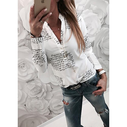 

Women's Blouse Shirt Khaki White Black Letter Pattern Long Sleeve V Neck S