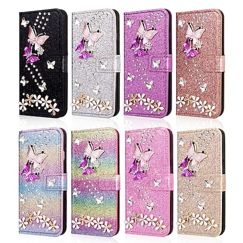 

téléphone Coque Pour iPhone 15 Pro Max Plus iPhone 14 Pro Max Plus 13 12 11 Mini X XR XS 8 7 Portefeuille Avec Support Clapet Protection complète du corps Papillon Brillant Dur Strass faux cuir