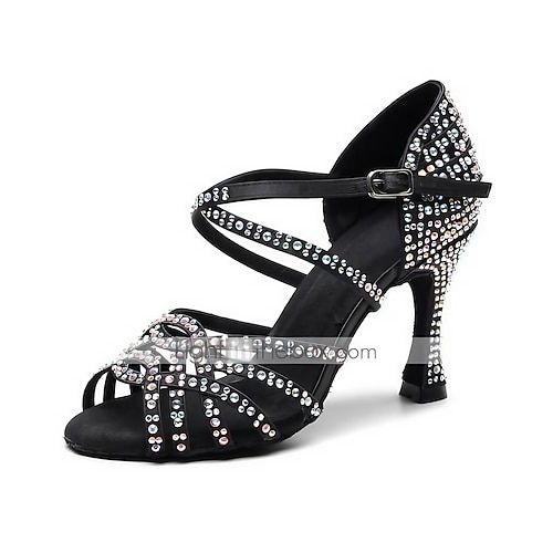 

Women's Latin Shoes Salsa Shoes Party Performance Practice Glitter Crystal Sequined Jeweled Heel Crystal / Rhinestone Crystals Flared Heel Buckle Ankle Strap Black / Satin