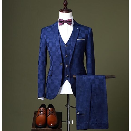 

Black/Burgundy/Royal Blue Men's Wedding Party Suits 3 Piece Checkered Tailored Fit Suit Single Breasted One-button