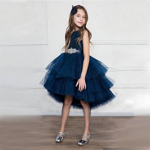 

Wedding Party Princess Flower Girl Dresses Jewel Neck Asymmetrical Satin Tulle Spring Summer with Belt Crystals / Rhinestones Cute Girls' Party Dress Fit 3-16 Years