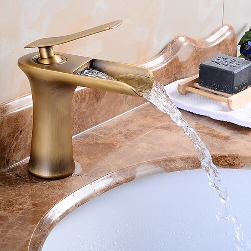 

Bathroom Sink Faucet Waterfall Brass Free Standing Single Handle One Hole Bath Taps