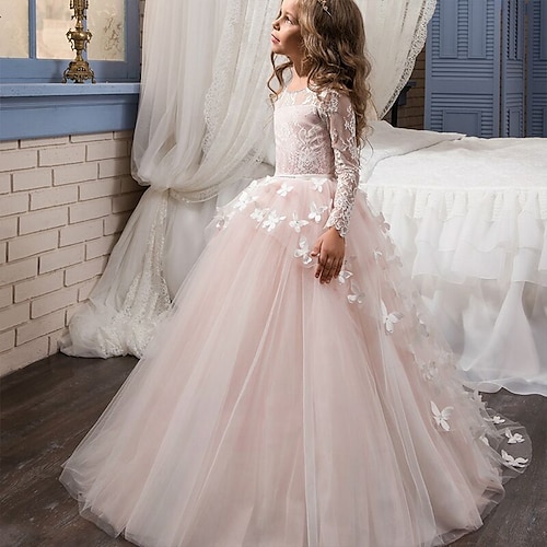 

Party First Communion Ball Gown Flower Girl Dresses Jewel Neck Sweep / Brush Train Lace Winter Fall with Bow(s) Appliques Cute Girls' Party Dress Fit 3-16 Years