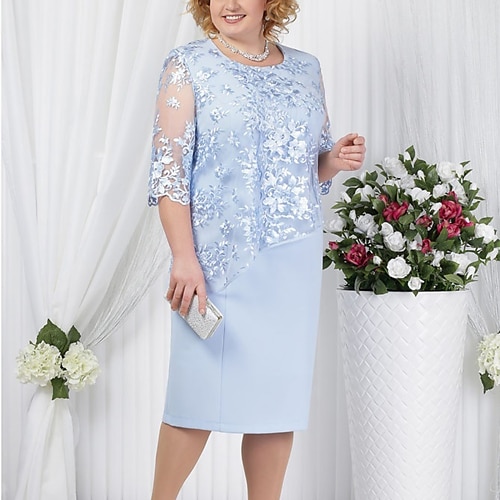 Damen-Curve-Etuikleid in Übergröße, Spitzenkleid, Blumenmuster, Rundhalsausschnitt, Spitze, halbe Ärmel, Herbst, Frühling, Arbeit, Vintage, Abschlussballkleid, knielanges Kleid, Party- und