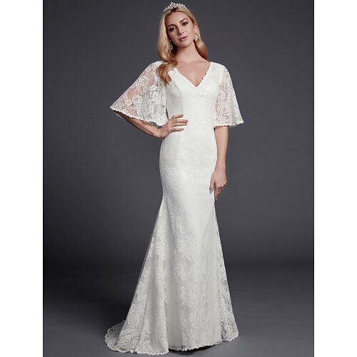 

Mermaid / Trumpet Wedding Dresses V Neck Sweep / Brush Train Lace Half Sleeve Beautiful Back with Lace 2022