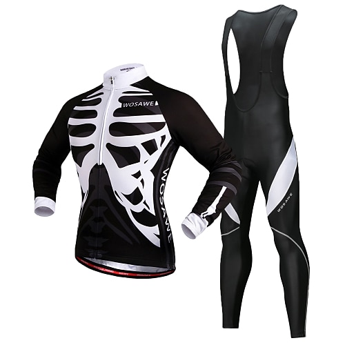 

WOSAWE Men's Long Sleeve Cycling Jersey with Bib Tights 3D Pad Winter Fleece Silicone Polyester Black Skeleton Bike Jersey Thermal Warm Fleece Lining Reflective Strips Back Pocket Sports Skeleton