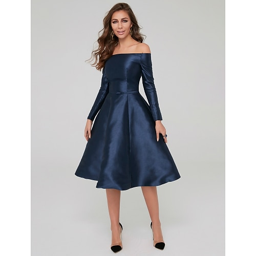 

A-Line Minimalist Elegant Wedding Guest Cocktail Party Dress Off Shoulder Long Sleeve Knee Length Satin with Pleats 2022