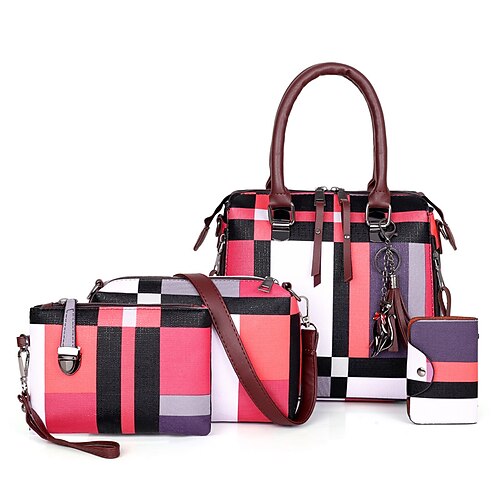 

Women's Bag Sets Handbags Bag Set PU Leather 4 Pieces Purse Set Zipper Mixed Color Lattice Shopping Daily Blue Gray Sky Blue Red