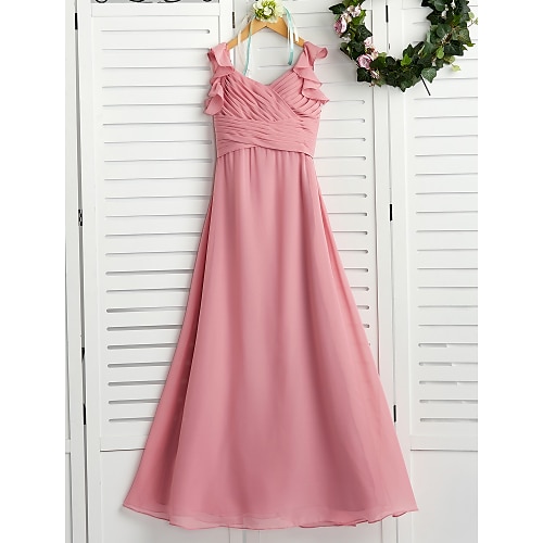 

A-Line Maxi Boat Neck Chiffon Junior Bridesmaid Dresses&Gowns With Cascading Ruffles Wedding Party Dresses 4-16 Year
