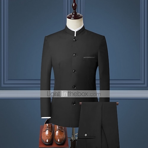 

Black Burgundy Dark Blue Men's Wedding Suits 2 Piece Mandarin Solid Colored Tailored Fit Single Breasted More-button 2022 / Standard Fit