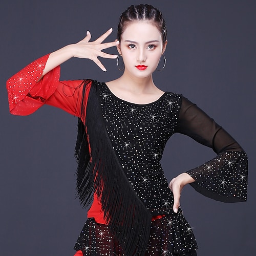 

Latin Dance Top Glitter Tassel Split Joint Women's Training Performance Long Sleeve Milk Fiber Polyester