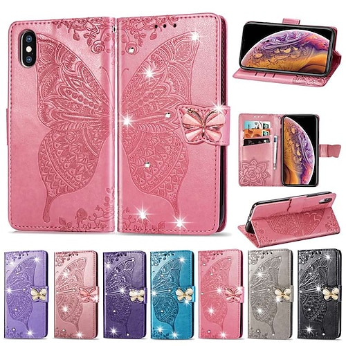 

Handy Hülle Handyhüllen Für Apple Brieftasche Kartenetui iPhone 14 Pro Max Plus 13 12 11 Mini X XR XS 8 7 Geldbeutel Kreditkartenfächer Strass Feste Farbe Schmetterling Hart PU-Leder