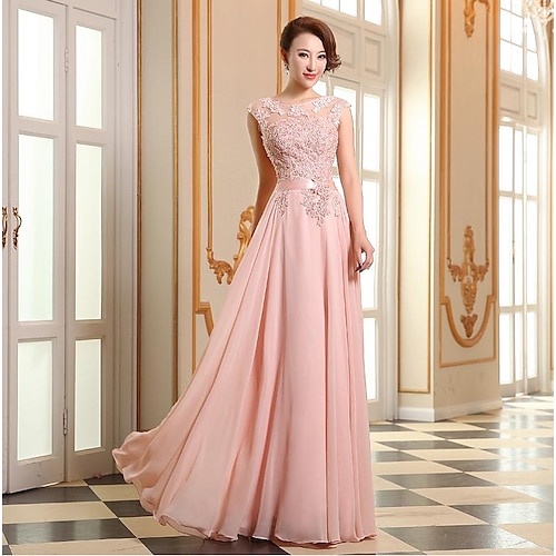 

A-Line Empire Elegant Prom Formal Evening Dress Illusion Neck Sleeveless Floor Length Georgette with Appliques 2022