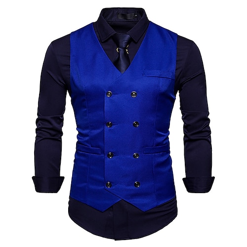 

Men's Retro Vest Solid Color Tailored Fit V Neck Double Breasted Four-buttons Black Grey White Black 2022