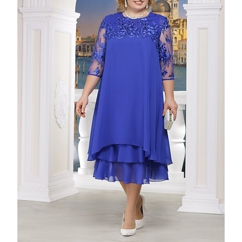 

Two Piece A-Line Mother of the Bride Dress Plus Size Jewel Neck Ankle Length Chiffon Lace 3/4 Length Sleeve with Tier Appliques 2022