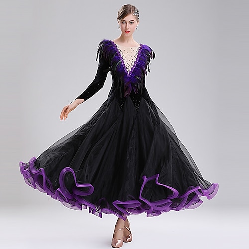 

Ballroom Dance Dress Feathers / Fur Split Joint Crystals / Rhinestones Women's Performance Long Sleeve Spandex