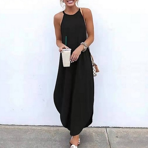 

Women's Strap Dress Maxi long Dress Black Green Blue Gray Orange Brown Sleeveless Pure Color Cold Shoulder Spring Summer Crew Neck Hot Casual Holiday 2022 S M L XL XXL 3XL 4XL 5XL