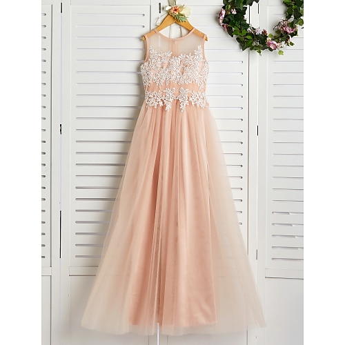 

A-Line Sweep / Brush Train Jewel Neck Lace Junior Bridesmaid Dresses&Gowns With Appliques Wedding Party Dresses 4-16 Year