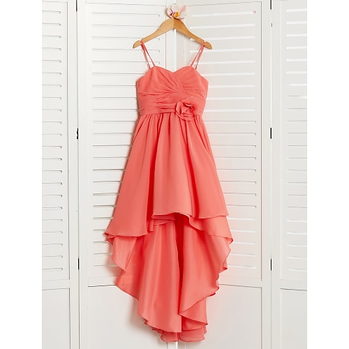 

A-Line Asymmetrical Spaghetti Strap Chiffon Junior Bridesmaid Dresses&Gowns With Pleats Wedding Party Dresses 4-16 Year