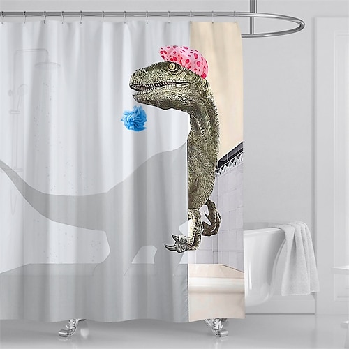 Dinosaur Shower Curtain Set for Bathroom, White Fun Kids Fabric Shower Curtains , Cool Cute Unique Raptor Bathroom Accessories Decor, Hooks Included