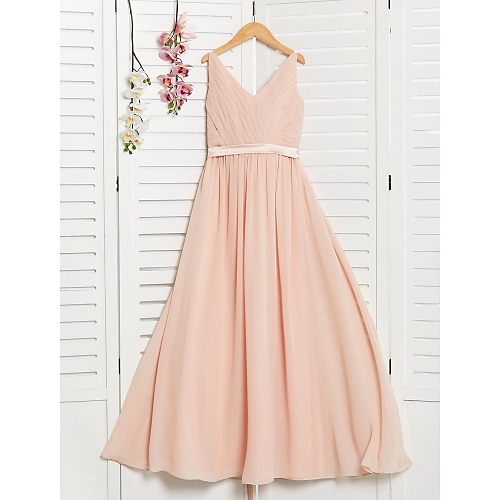 

A-Line Maxi V Neck Chiffon Junior Bridesmaid Dresses&Gowns With Sash / Ribbon Wedding Party Dresses 4-16 Year