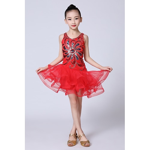 

Latin Dance Kids' Dancewear Dress Satin Bow Beading Ruching Girls' Performance Sleeveless Natural Organza