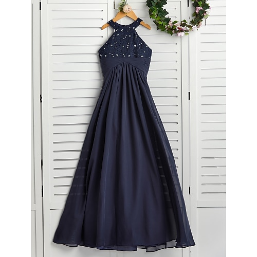 

A-Line Maxi Jewel Neck Chiffon Junior Bridesmaid Dresses&Gowns With Pearls Wedding Party Dresses 4-16 Year