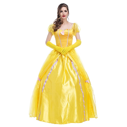 

Princess Fairytale Belle Dress Flower Girl Dress Women's Movie Cosplay A-Line Slip Princess Yellow Dress Gloves Carnival New Year