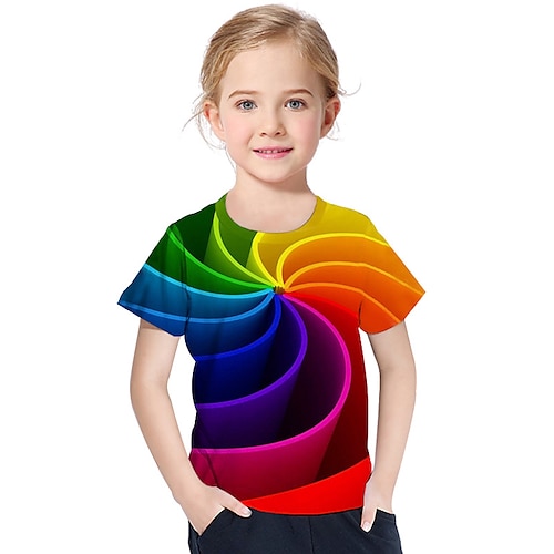 

Kids Girls' T shirt Geometric 3D Print Short Sleeve Active Summer Rainbow