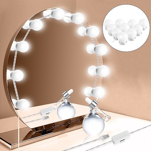 LED Makeup Vanity Lights Stick on Mirror with 10 dimmable Bulbs USB 4.6m  15ft Cable White 2024 - $20.99