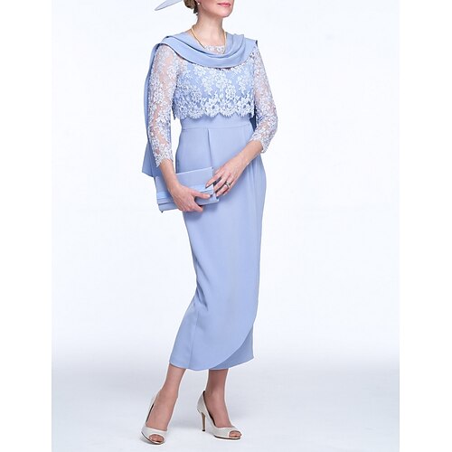 

Two Piece Sheath / Column Mother of the Bride Dress Vintage Plus Size Elegant Bateau Neck Ankle Length Polyester Lace 3/4 Length Sleeve with Split Front 2022