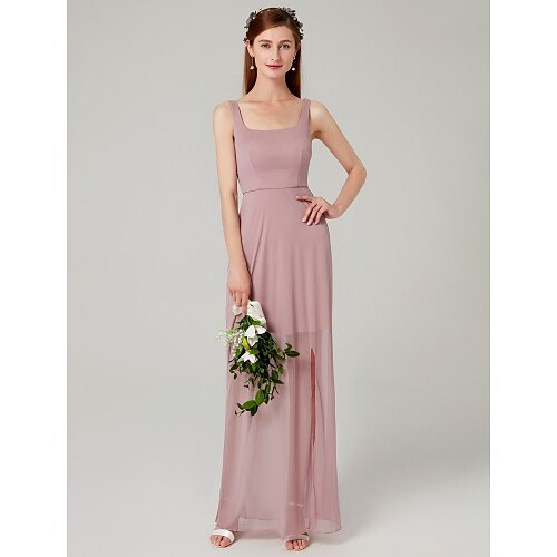 

Sheath / Column Bridesmaid Dress Spaghetti Strap Sleeveless Elegant Floor Length Mesh with Pleats / Split Front 2022