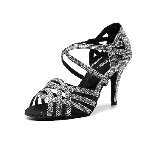 

Women's Latin Shoes Ballroom Shoes Line Dance Performance Training Party Glitter Crystal Sequined Jeweled Heel Buckle Slim High Heel Cross Strap Silver Gold Black