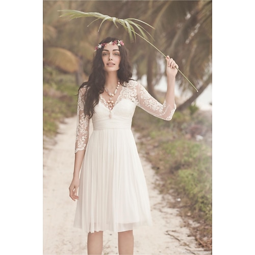  A-Line Knee Length Wedding Dresses Bridal Shower Dresses Bridal Gown Open Back Little White Dresses 3/4 Length Sleeve V Neck Graduation Birthday Chiffon Lace with Ruched