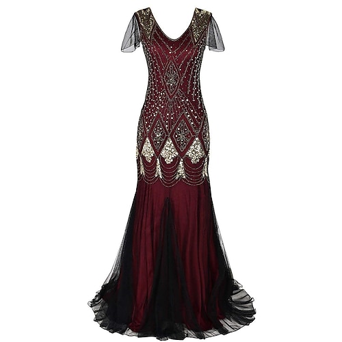 

Mermaid / Trumpet Evening Dresses Roaring 20s Dress Party Wear Sweep / Brush Train Short Sleeve V Neck Sequined with Crystals Beading Sequin 2022 / Illusion Sleeve / Formal Evening