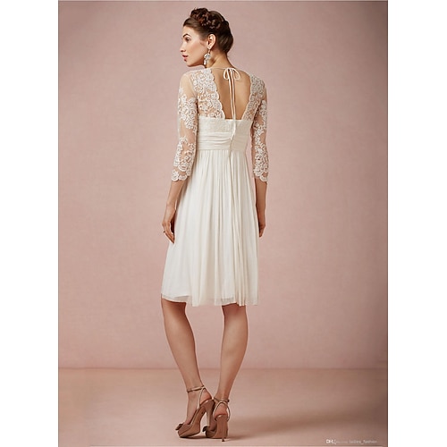  A-Line Knee Length Wedding Dresses Bridal Shower Dresses Bridal Gown Open Back Little White Dresses 3/4 Length Sleeve V Neck Graduation Birthday Chiffon Lace with Ruched