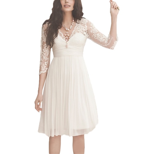  A-Line Knee Length Wedding Dresses Bridal Shower Dresses Bridal Gown Open Back Little White Dresses 3/4 Length Sleeve V Neck Graduation Birthday Chiffon Lace with Ruched