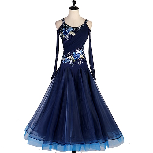 

Ballroom Dance Dress Embroidery Crystals / Rhinestones Women's Training Performance Long Sleeve Spandex Elastane Tulle