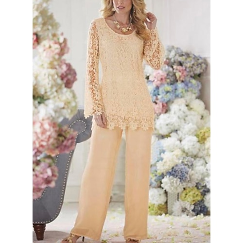 

Two Piece Pantsuit Mother of the Bride Dress Plus Size Scoop Neck Ankle Length Chiffon Lace Long Sleeve with Lace 2022