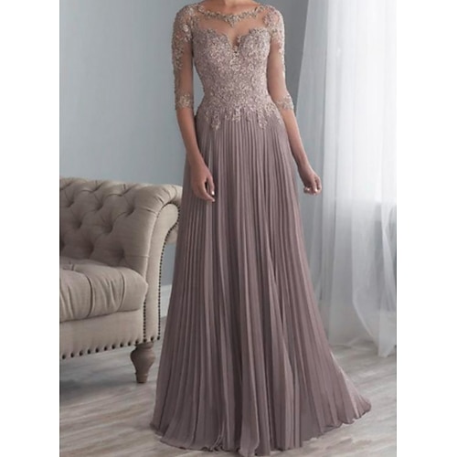 

A-Line Mother of the Bride Dress Plus Size Elegant See Through Bateau Neck Sweep / Brush Train Chiffon Lace Half Sleeve with Sash / Ribbon Appliques 2022