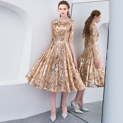 

A-Line Elegant Sparkle & Shine Holiday Cocktail Party Dress Jewel Neck Half Sleeve Tea Length Sequined with 2022