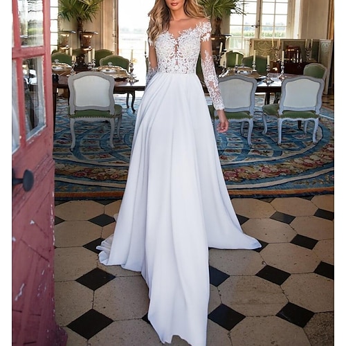 

A-Line Wedding Dresses V Neck Sweep / Brush Train Chiffon Lace Long Sleeve Romantic Illusion Sleeve with Beading 2022