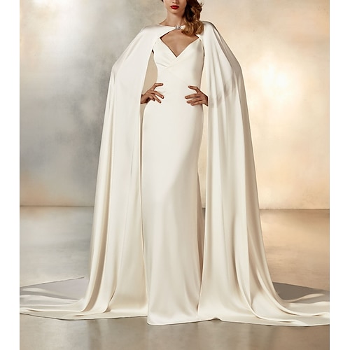 

Mermaid / Trumpet Wedding Dresses V Neck Sweep / Brush Train Chiffon Simple Sexy Backless Elegant Cape with 2022