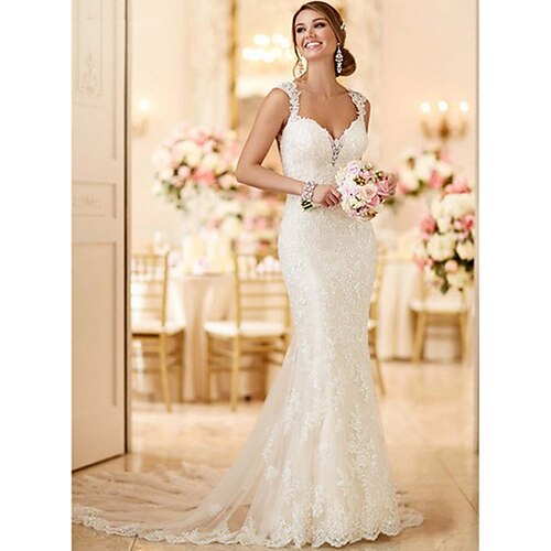 

Mermaid / Trumpet Wedding Dresses V Neck Sweep / Brush Train Lace Spaghetti Strap Mordern Sexy Backless with 2022