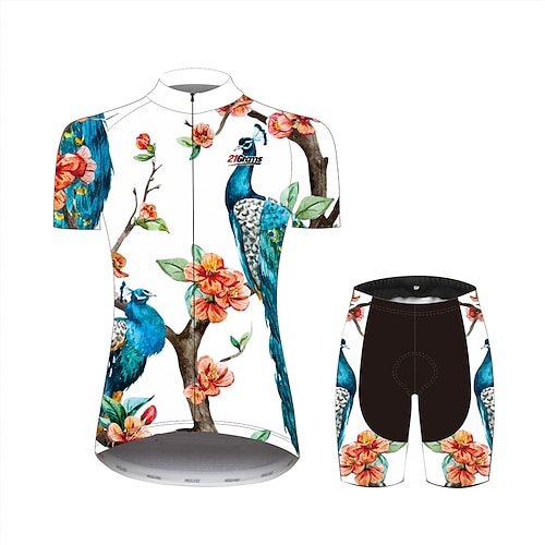 

21Grams Women's Cycling Jersey with Shorts Short Sleeve Mountain Bike MTB Black White Peacock Floral Botanical Bike Clothing Suit Breathable Quick Dry Moisture Wicking Reflective Strips Back Pocket