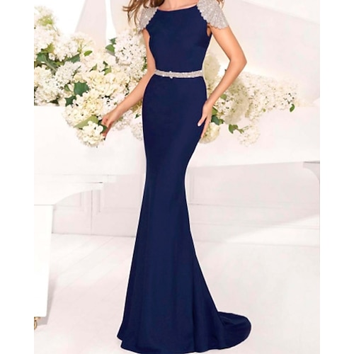 

Mermaid / Trumpet Open Back Formal Evening Dress Jewel Neck Short Sleeve Sweep / Brush Train Charmeuse with Crystals Beading 2022