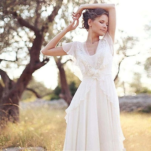 

A-Line Wedding Dresses V Neck Sweep / Brush Train Chiffon Short Sleeve Country Casual Boho Little White Dress See-Through with Beading Appliques 2022