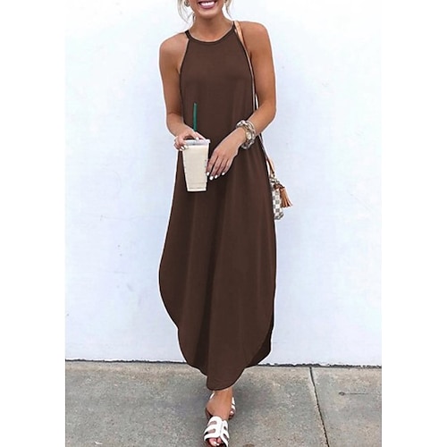 

Women's Long Dress Maxi Dress Black Green Blue Sleeveless Pure Color Cold Shoulder Spring Summer Crew Neck Hot S M L XL XXL 3XL 4XL 5XL