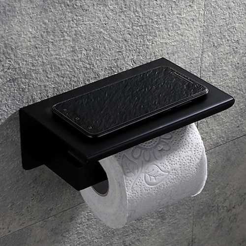 

Toilet Paper Holder Wall Mounted Bathroom Tissue Roll Hanger Stainless Steel with Mobile Phone Storage Shelf Matte Black 1pc